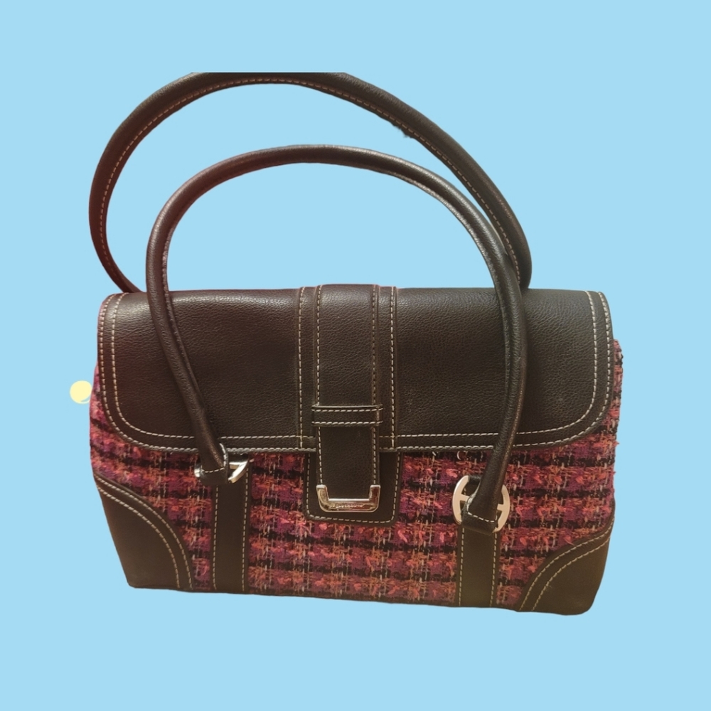 Liz Claiborne Tweed Plaid Fabric Satchel Purse Medium Size 12 by 7